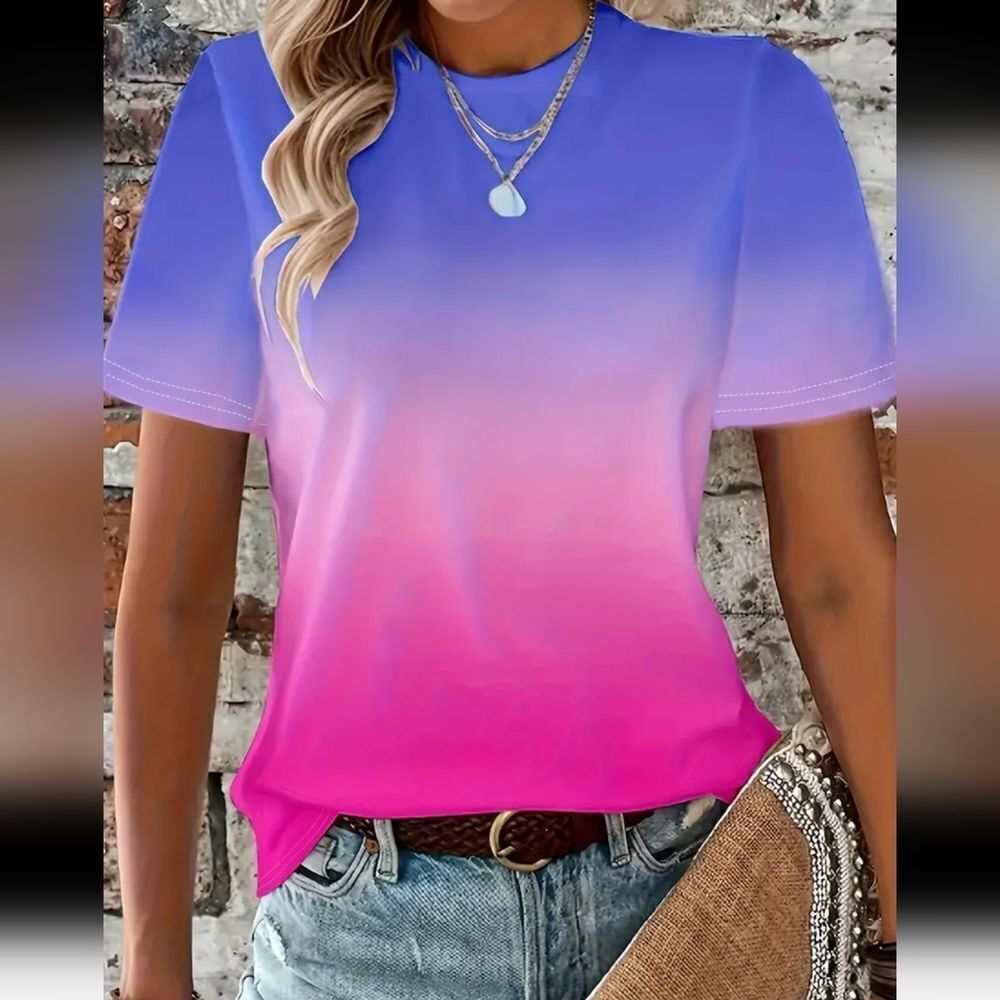 Vibrant Pink Blue Ombre Gradient Crew Neck Women's Top Sz 20